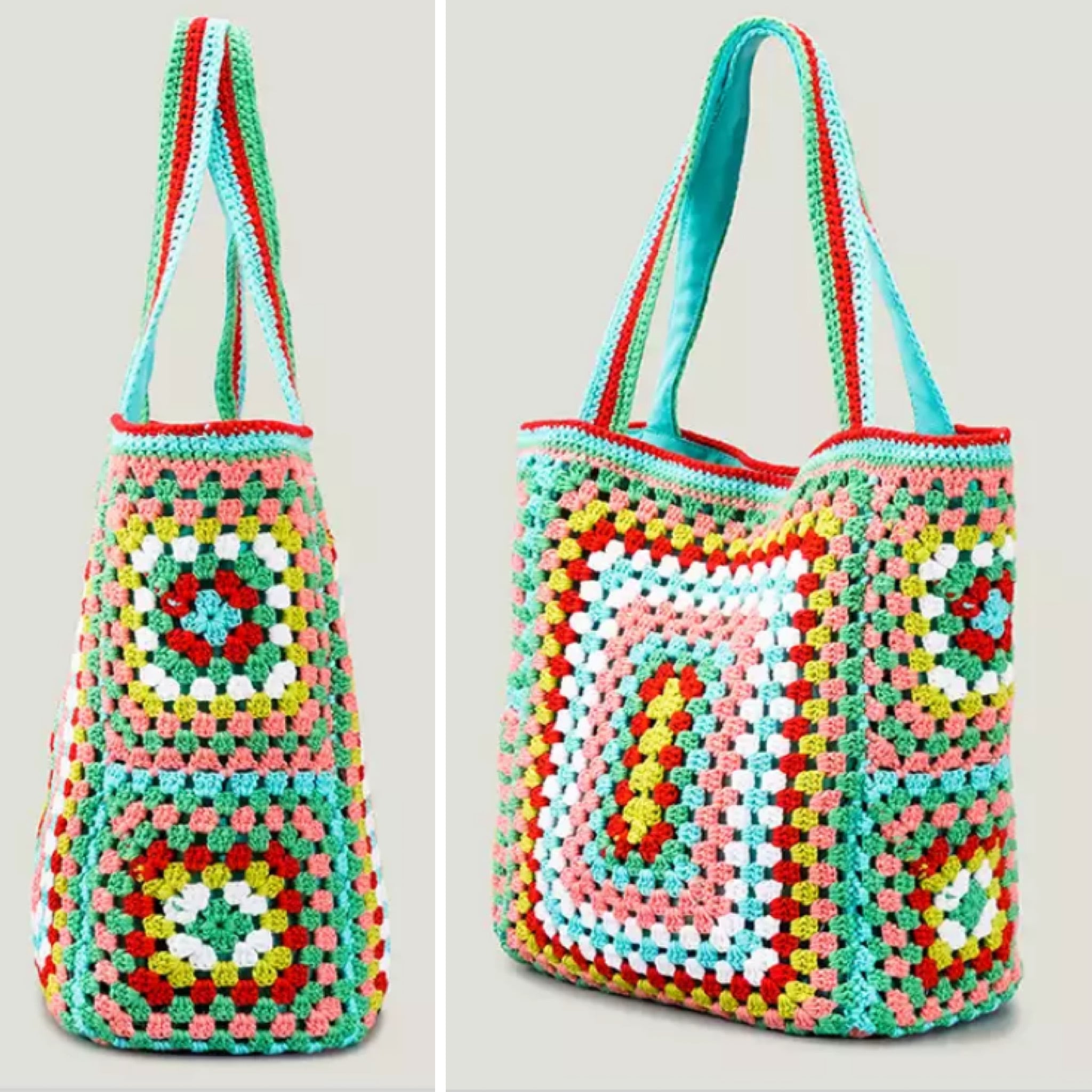 大容量 かぎ針編みニットバッグ カラフル レトロ 花柄バッグ ニット
