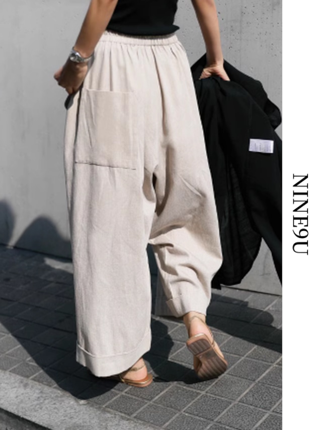 wide-leg straight elastic-waist cropped-pants 2color【NINE7896】