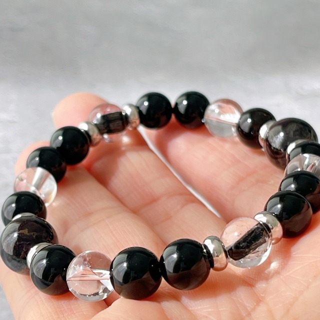 スギライト×モリオン8mm×トルマリネイテッドクォーツのお守りブレスレット✧数珠