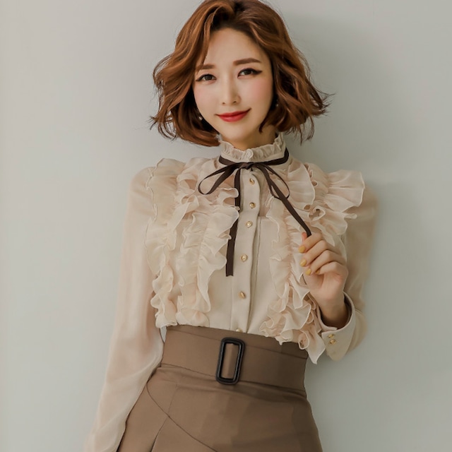 大きいサイズ セットアップ ミニスカート フリル シフォン ブラウス リボン 長袖 ベルト ツーピース ウエスト切り替え スタイルアップ 上品 華やか フェミニン お呼ばれ 秋 冬 セットアップやパンツドレスなど二次会ドレスに合う海外ファッションサイト Urubei