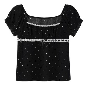 [Two Days off] Dot Lace Square Collar T-Shirt