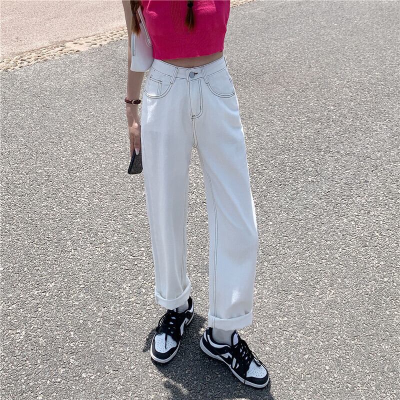 ホワイトジーンズ サマースタイルルーズハイウェストウェストワイドレッグカジュアルパンツ 夏物 ワイドパンツ クレセントシティ32122240442