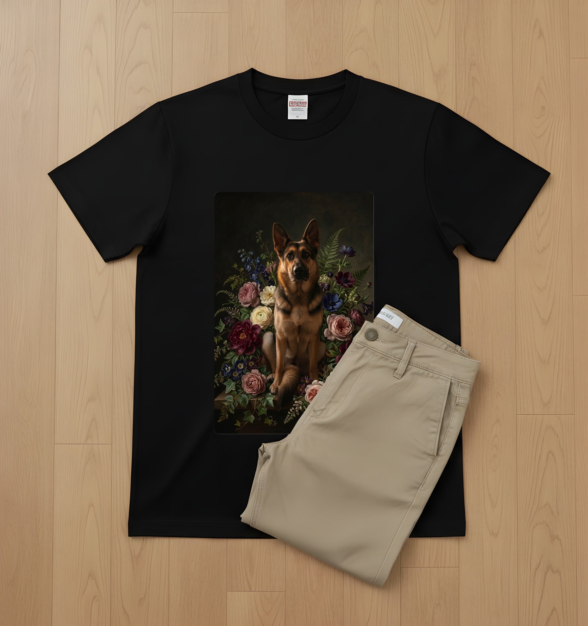 犬（ジャーマンシェパード）半袖Tシャツ 花の油絵風アート ブラック