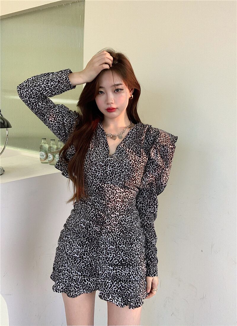 ドレス Vネックスリムレオパードプリント柄ショートスカート オータムウィンター ロング 秋物 冬物 ブラックストロベリース99116360504