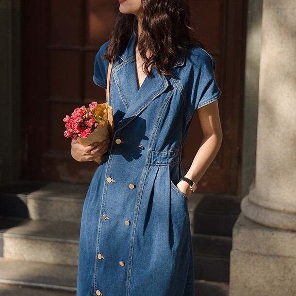 オープンカラーデニムワンピース 00296