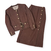 KANEKO ISAO カネコイサオ 金ボタン デニム セットアップ ノーカラージャケット ロングスカート /ブラウン/ビンテージ