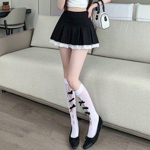 2色／レースヘムプリーツミニスカート ・78602