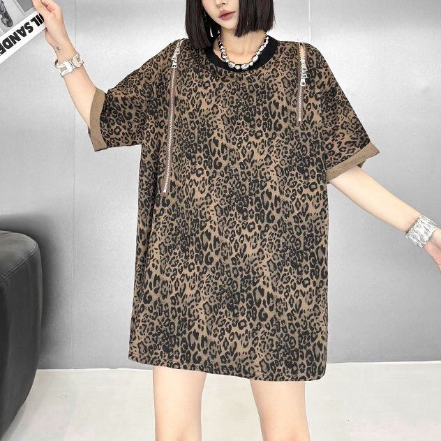 LEOPARD PRINT ZIPPER DETAIL T-SHIRT DRESS M-17174