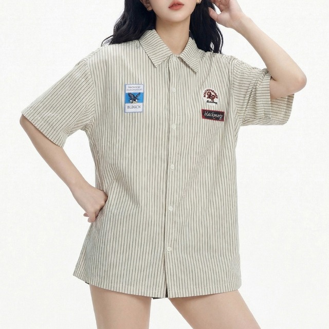 striped patch short-sleeved shirt　ストライプワッペン半袖シャツ　J1865