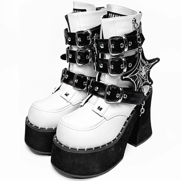 ◆【Ladies】スパイダーネットチャーム バックル厚底ホワイトブーツ(ruf_02791)