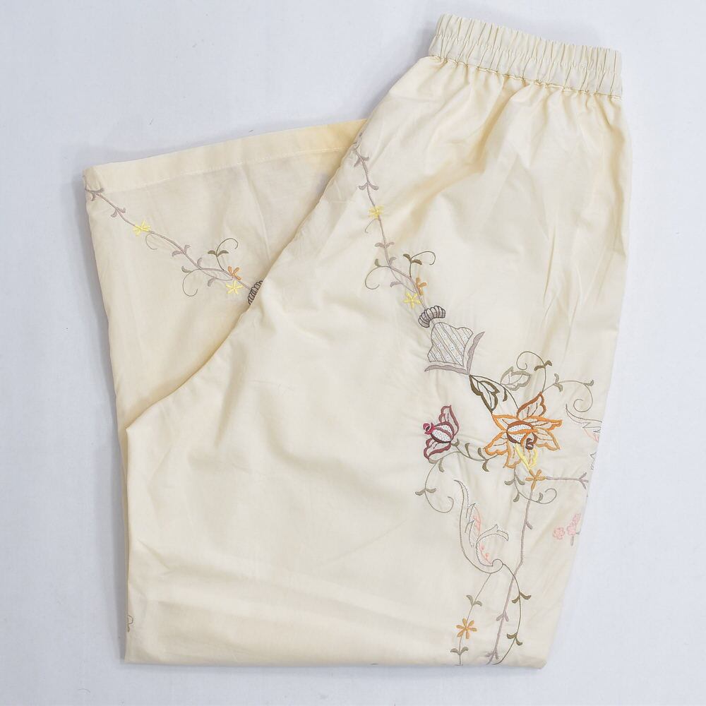 Remakeリメイク 再構築 パッチワーク&フラワー刺繍 デザイン ルーズシルエット イージーパンツ アイボリー 古着 裏地付き レディースW70~112 cm