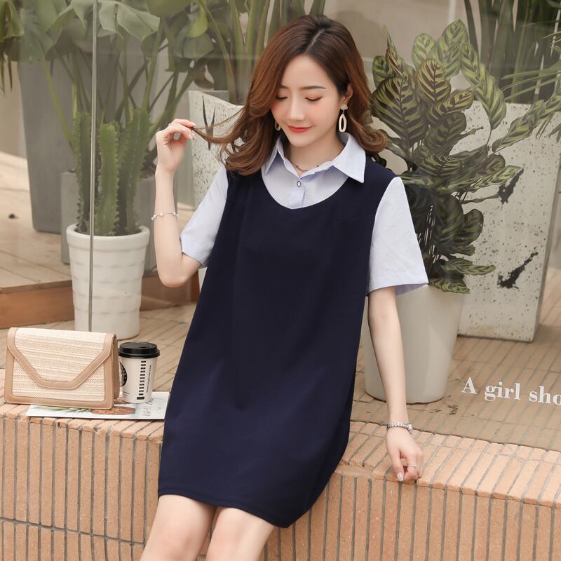 【新作】【送料無料】 マタニティドレスストライプターンダウンカラースリミングルーズスタイリッシュドレス妊婦半袖ブラウスママドレス ショート ハーフスリーブ AL expec374235326353