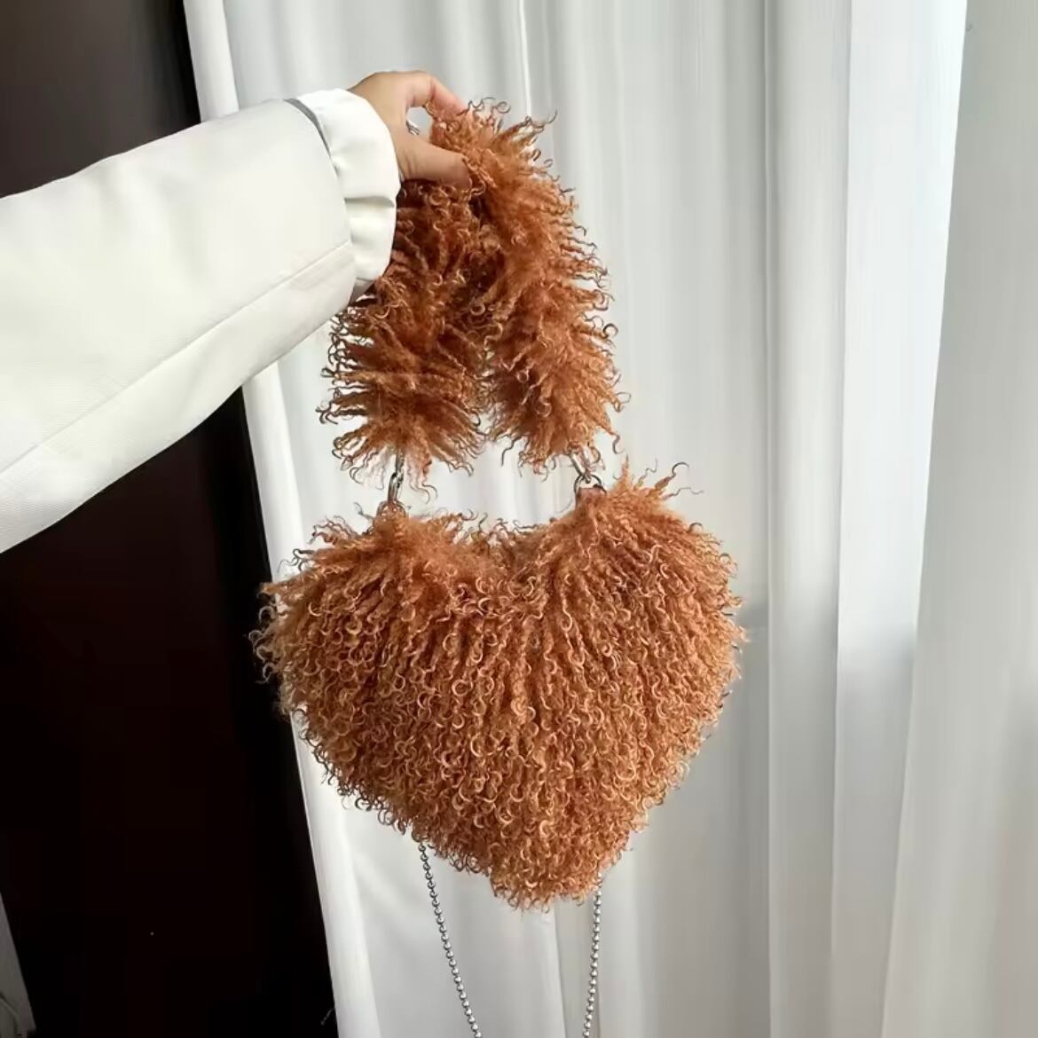 curly fur heart bag