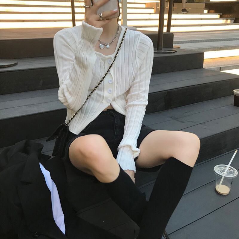 ホワイトショート長袖ニットカーディガンジャケットレディース秋スリムインナーベースシャツ2020ニュートップ ブラックストロベリース26511567257