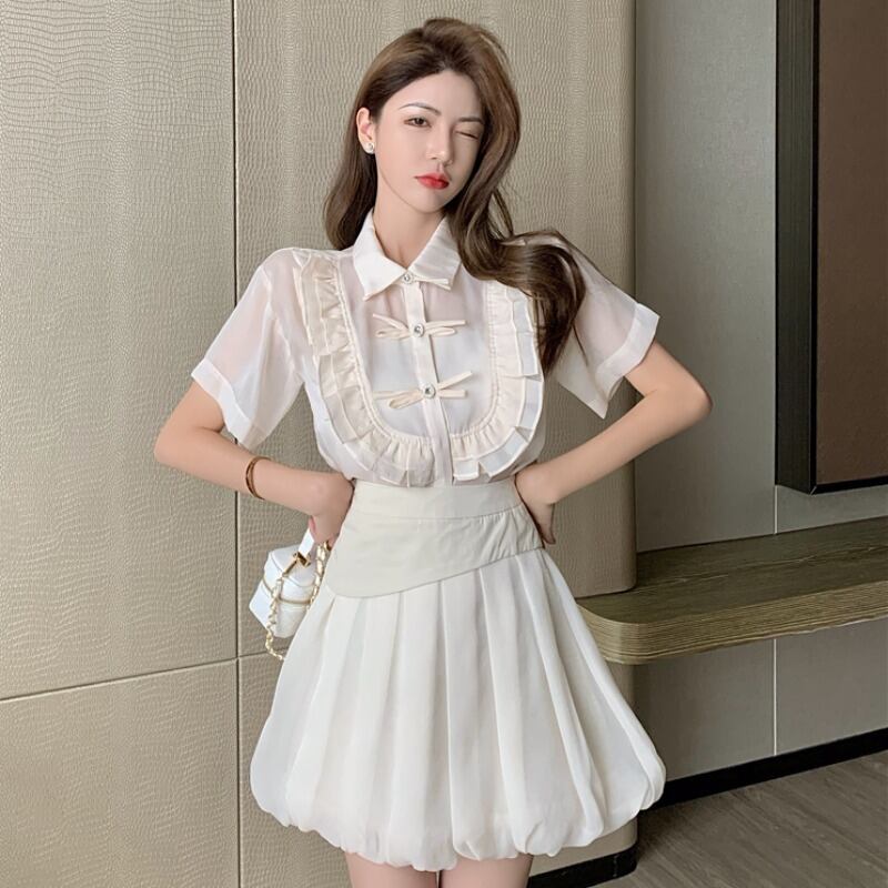サマースタンダードボタンリボン半袖スリーブハイウェストウェストスカート ショート レトロ ハーフスリーブ 夏物 YY-ファッション96980783796