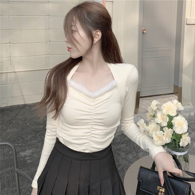 プリーツニットシャツ オータムスリムTシャツ ロング 秋物 ピュア ガールズファッション93922634199