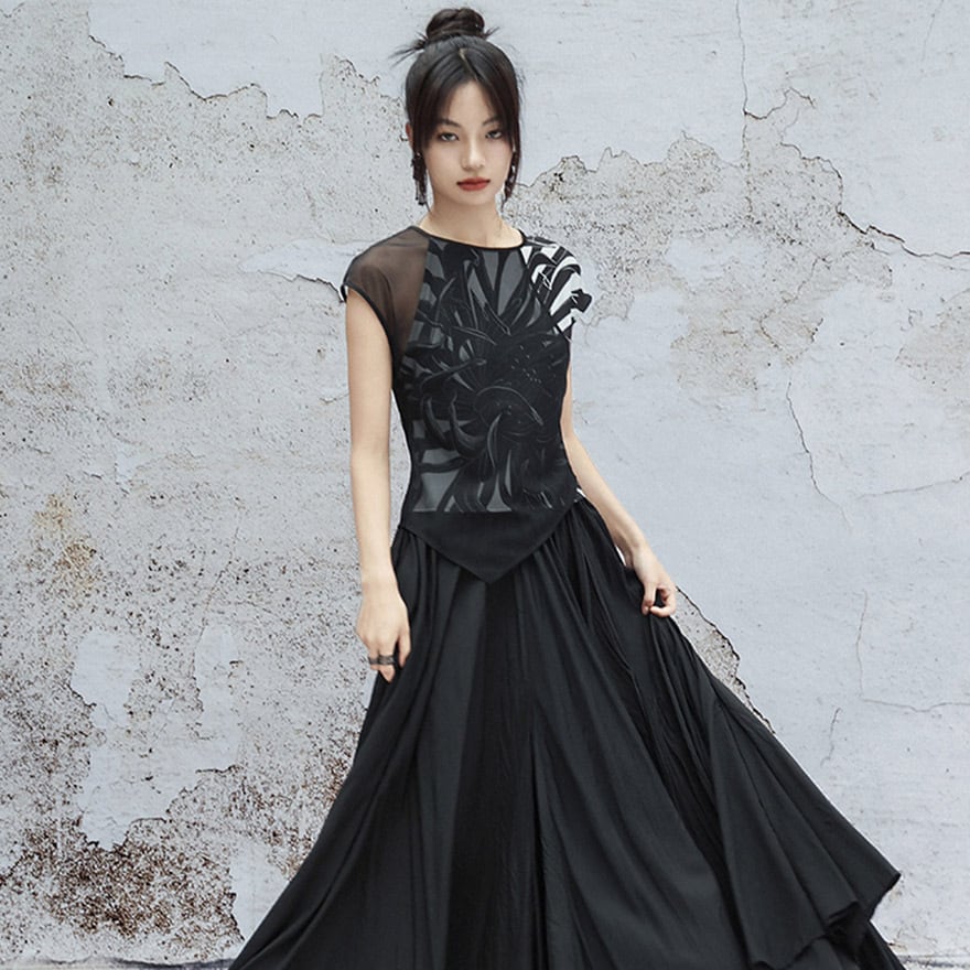 中華ゴシック チャイナ服 中華服 プリント Tシャツ メッシュ シアー 透け感 菊 大青龍肆 夏服 20代 30代ファッション