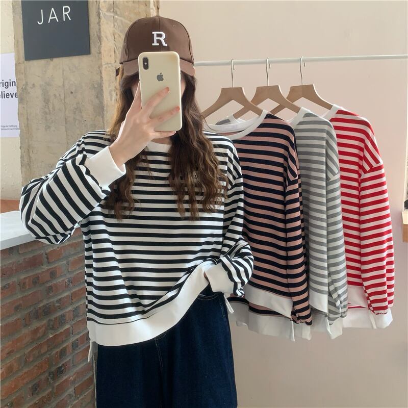 セーター オータムウィンターストライプルーズラウンドネックシャツ ロング 秋物 冬物 Oネック 1号婦人13847717541