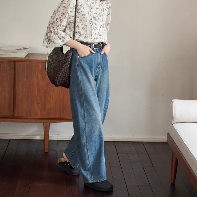 【デニム】 デニムパンツ レディース きれいめ  春 夏 秋 冬 20代 30代 40代 ジーパン パンツ ワイドパンツ ハイウエスト  ブルー 青 S M L XL