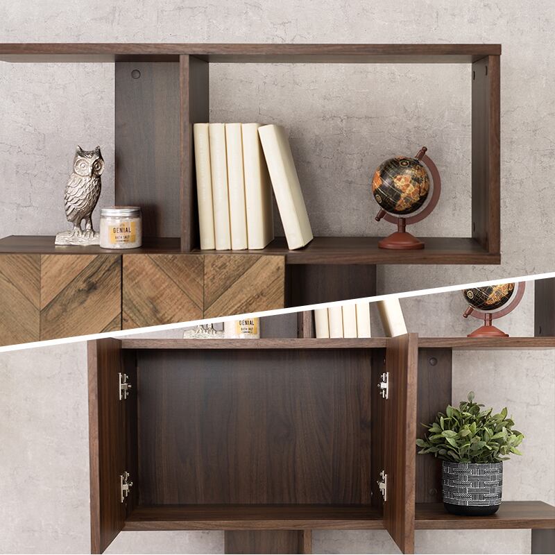 【組立式】扉付きオープンラック ディスプレイラック ワイド4段タイプ 木目調ブラウン 幅90cm