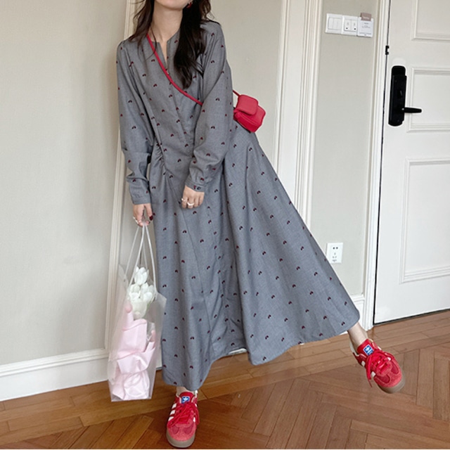 ribbon print front zip long one-piece J00224