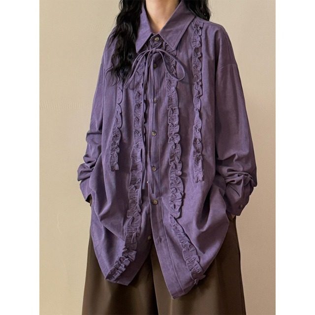 ribbon tie classic frill line corduroy shirt【2color】  e2108