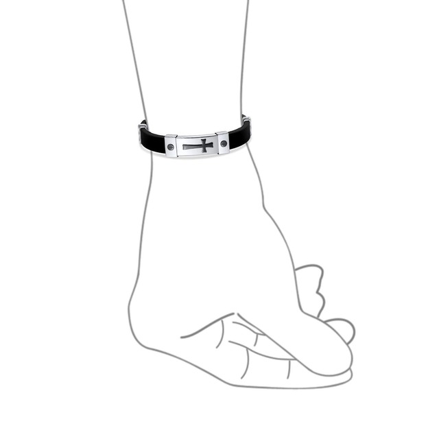 [Bling Jewelry] 男性のための宗教的な斜めの横の十字の同一証明 ID のブレスレットの銀の金の調子のステンレス鋼の黒のトリムへの適合の調節可能なシリコーン ゴムのリスト バンド