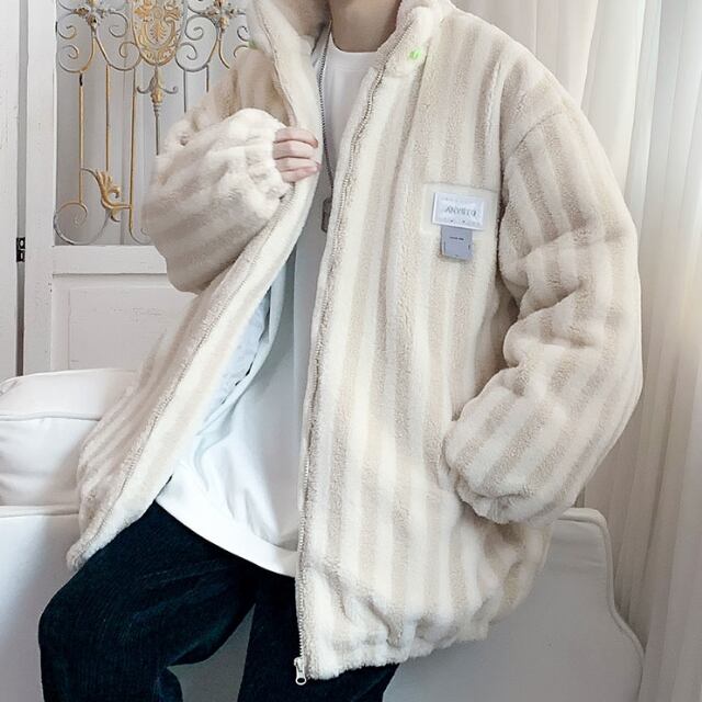 【予約販売】ボアブルゾン 総ボア アウター ストライプ柄 ブラック グリーン ホワイト ストリート 冬 ジャケット ショート丈 メンズ カジュアル 男前 こなれ感 お洒落 韓国 トレンド 秋 冬 S/M/L/XL/2XL