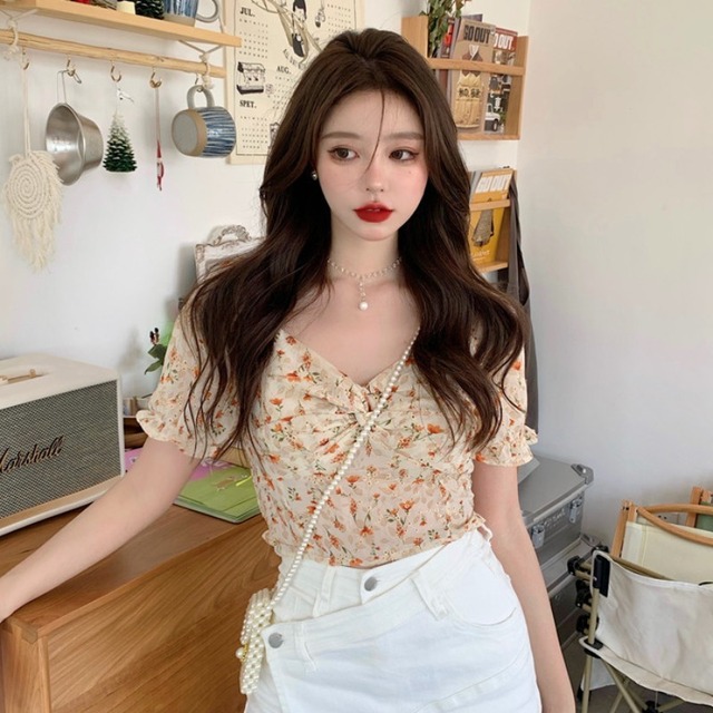 ショートシャツ サマースタイルVネックフローラルトップス レディース 夏物 花柄 ハンチェンe80799504556