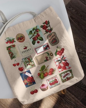 Vintage Cherry Print Canvas Tote Bag - Ⅰ / ヴィンテージ チェリー プリント キャンバストートバッグ