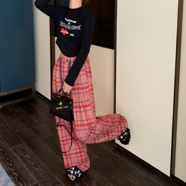 check drawstring wide-leg pants　J00258