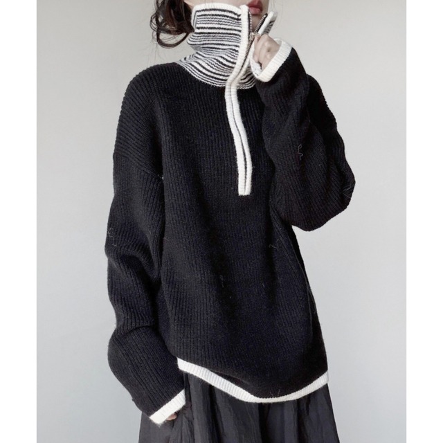 Striped high neck zip knit C1639