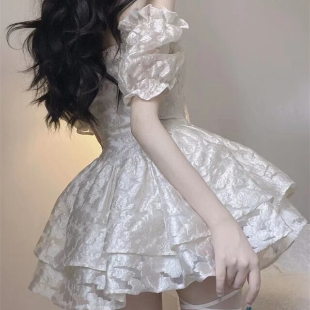 【予約販売】ワンピース レディース パフスリーブ レース Aライン 肌中見せ ミニワンピース 細見え ホワイト お呼ばれ 結婚式 ドレス きれいめ ワンピ 大人可愛い エレガント おしゃれ こなれ感 韓国 S/M/L
