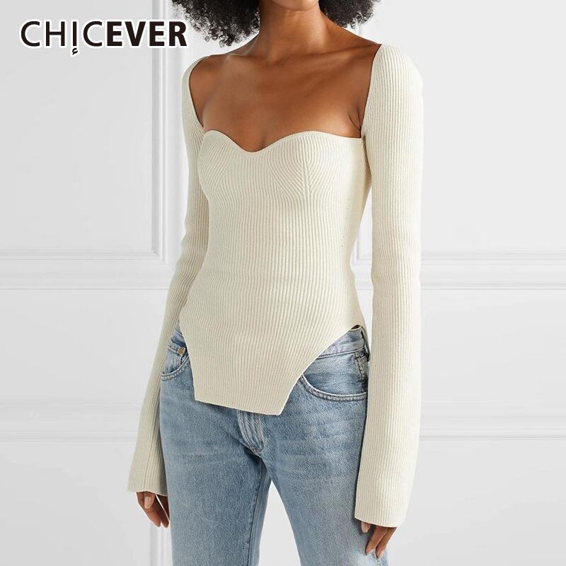 CHICEVERニットセーター女性スクエアカラー長袖非対称裾スリムプルオーバー2021秋の服 ロング オータム 秋物 スクウェア 6base546971444687