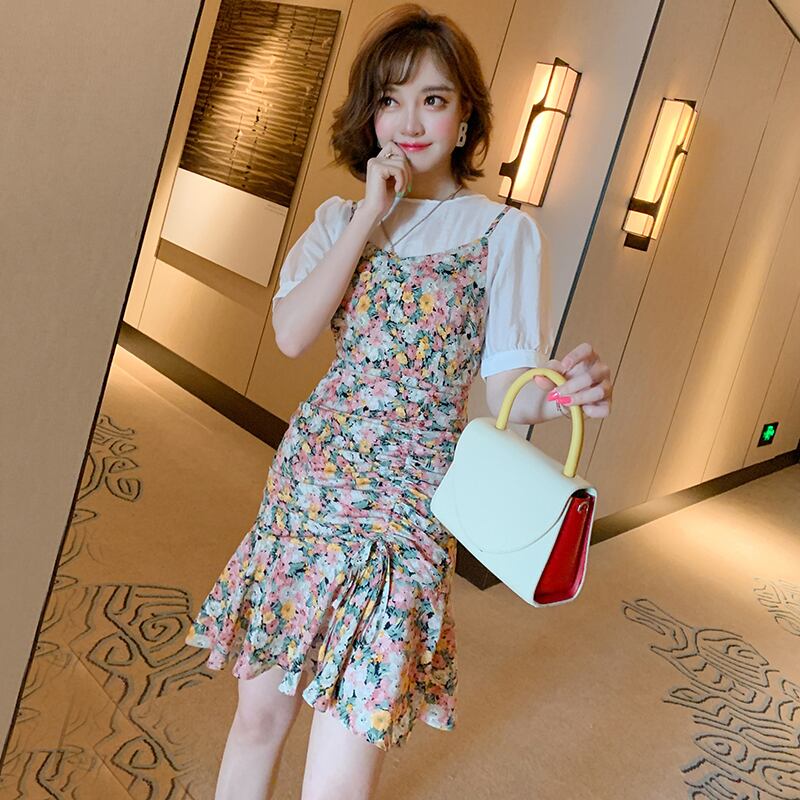 スタンダードスリーブトップス プリント柄プリーツドレス サマー ランタンスリーブ レトロ 夏物 MIUCO924898103