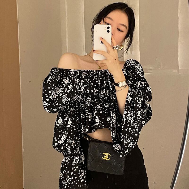 オータムフローラルシャツ 薄手スリムトップス 秋物 花柄 スクウェア YY-ファッション72976356136