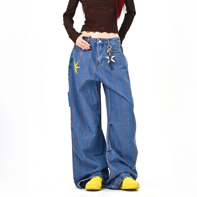 ジグザグステッチサンモチーフデニムパンツ 1col   R01782