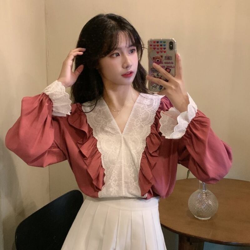 トップス レースVネックルーズシャツ ロング 萌量不足52758928811