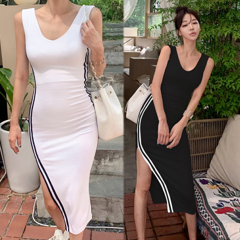 【新作】【送料無料】 2023 夏日本と韓国語バージョンスリムフィットニット V ネックウエスト絞りカラーブロッキング装飾ヒップハグスリットミディドレス 5417 0321472814152