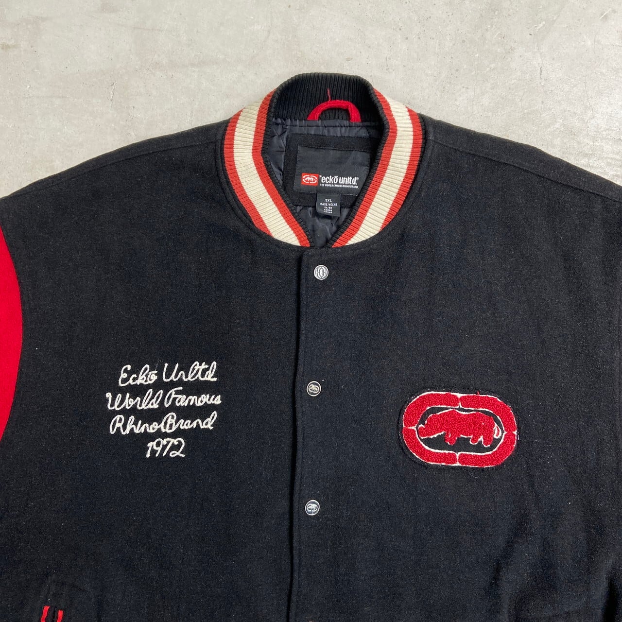 ビッグサイズ Ecko Unltd エコーアンリミテッド ウールスタジャン ボンバージャケット  メンズ3XL 古着 Y2K VINTAGE ヴィンテージ レッド ブラック ビッグサイズ Ecko Unltd エコーアンリミテッド ウールスタジャン