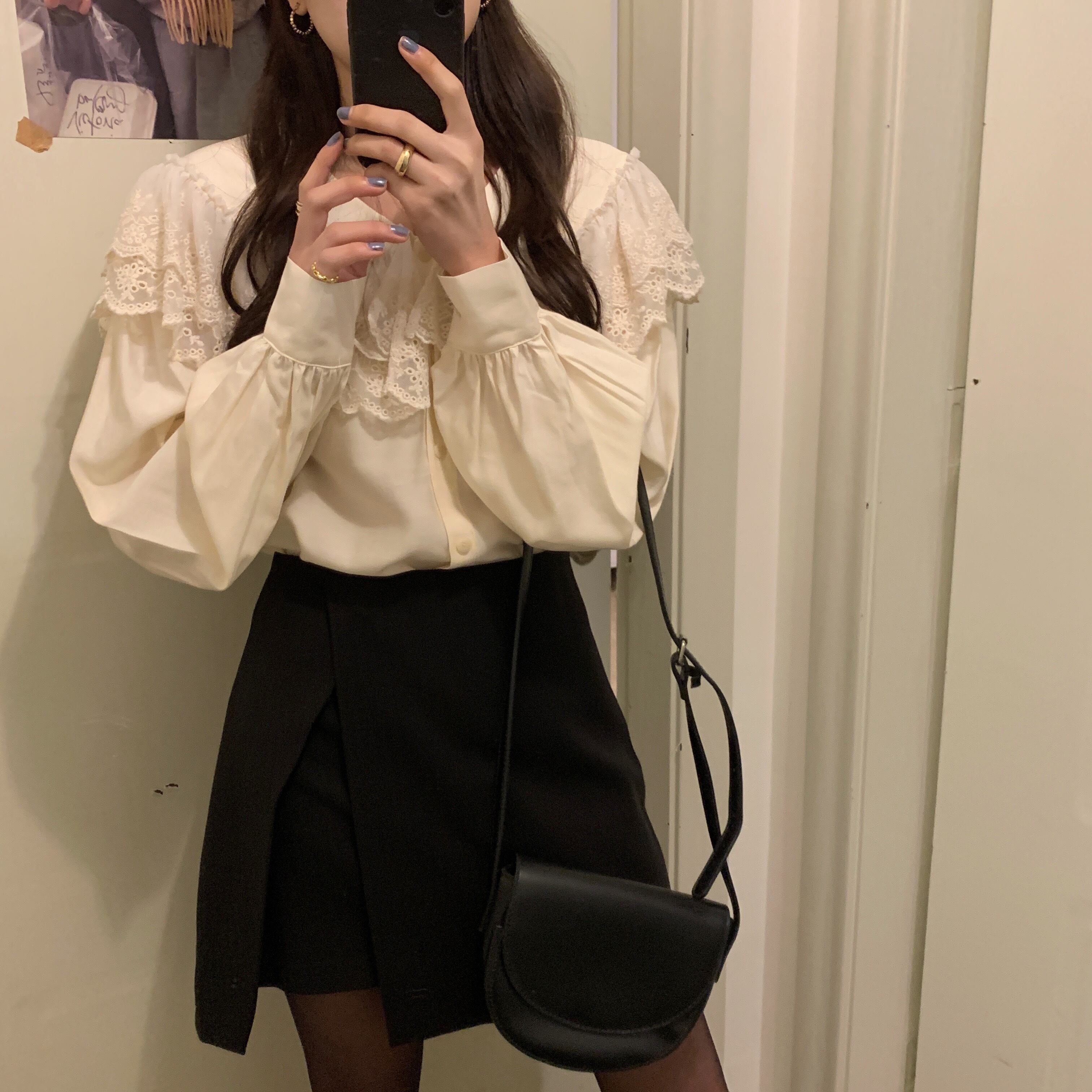 セット レースダブルカラー長袖スリーブシャツ 薄手ウェストスカート ロング ビッグFスモールZ韓国47696642889