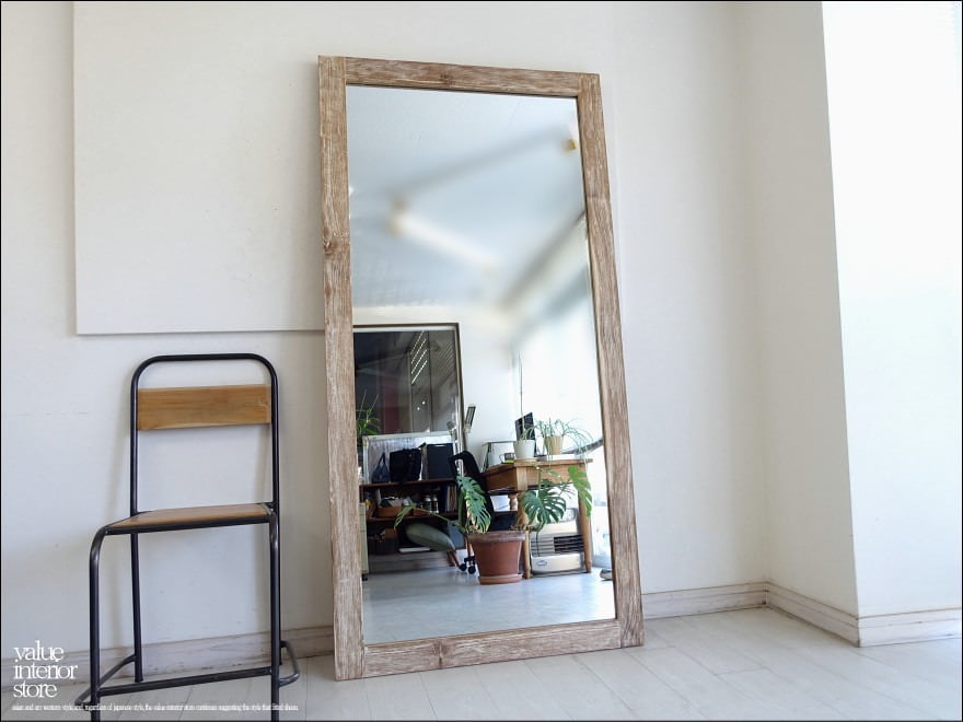 「 S 様 サイズオーダーミラー 」チーク無垢材 ミラーWW 姿見 鏡 全身鏡 壁掛け 大型 ナチュラルホワイト 無垢材家具 エイジング仕上げ シャビー