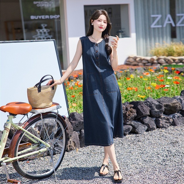 【dress】ポケット付きデニムベストワンピース Q8419