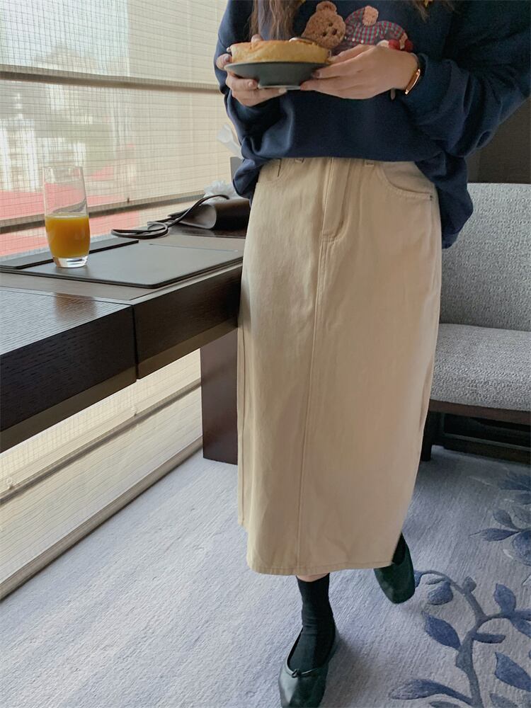 スタンダードカジュアルAラインスカート オータムウィンターソリッド カラーハイウェストウェストサイドスリット レトロ 秋物 冬物 ソリッドカラー ビッグFスモールZ韓国62209575586