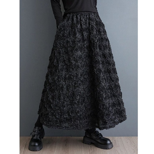 BLACK 3D FLOWER A-LINE LONG SKIRT 1color M-15073