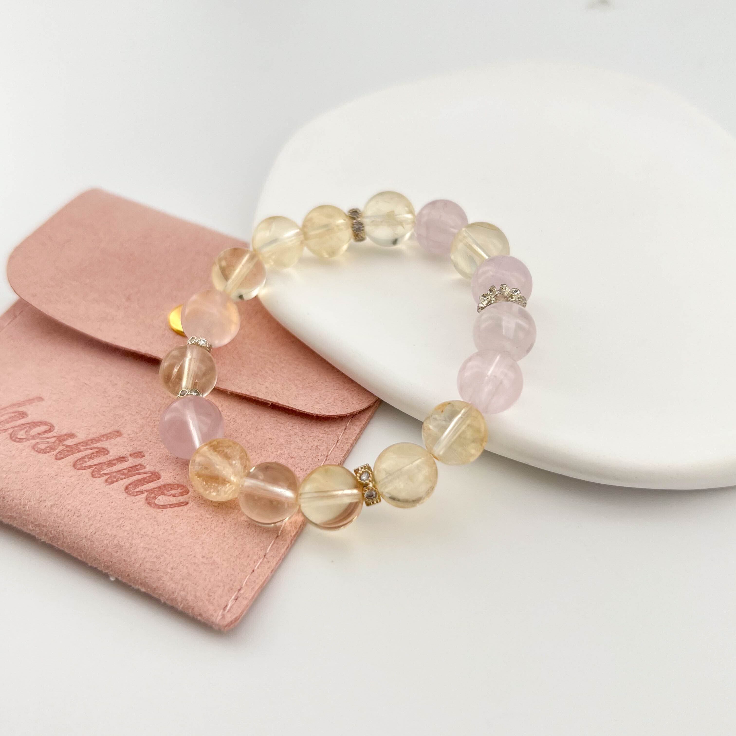 可愛い シトリン×ローズクォーツ 天然クリスタルブレスレット
