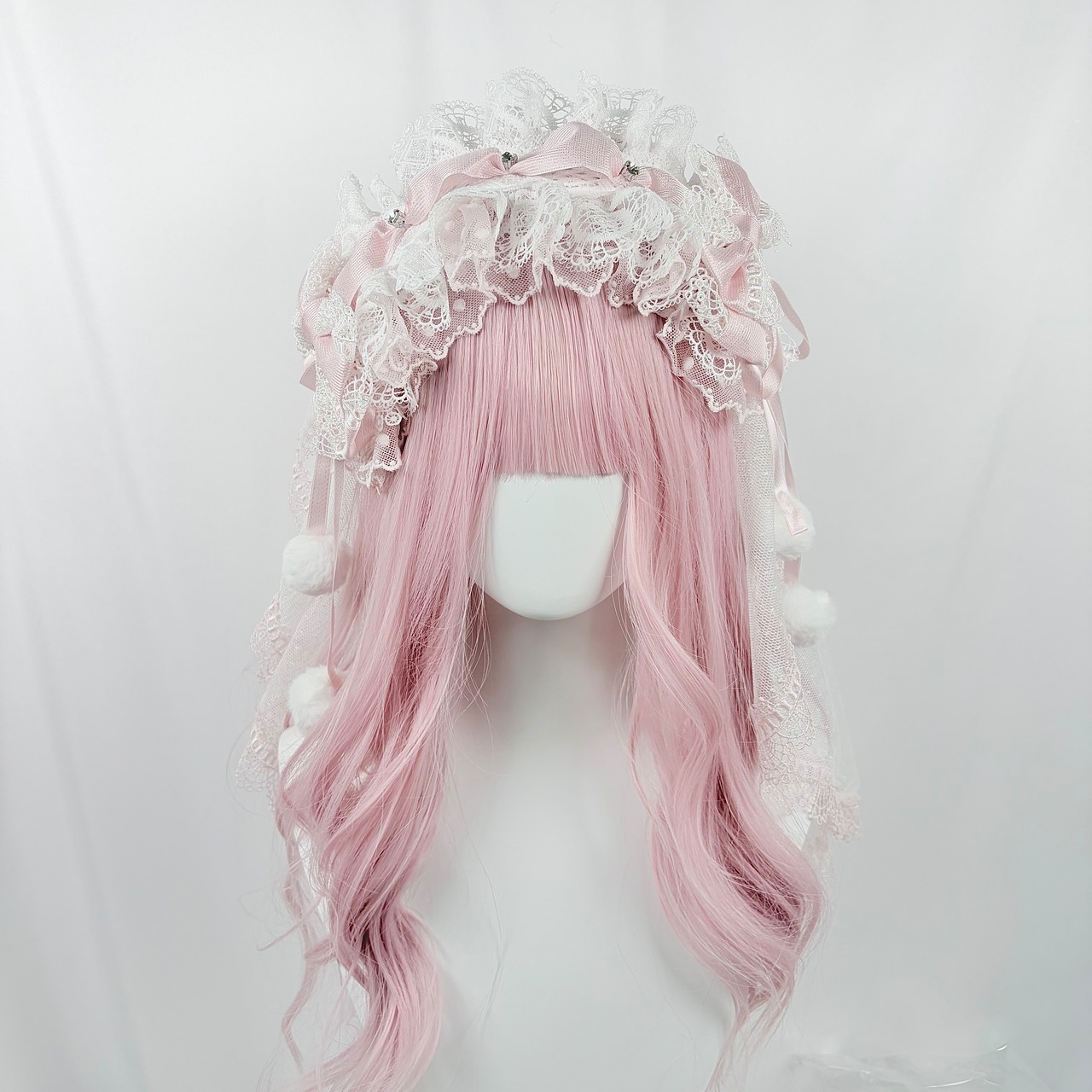 ♡【全5色】MAID 3way マシュマロリボンの夢色フリルレースヘッドドレス＋ヴェールセット light blue×pink ♡