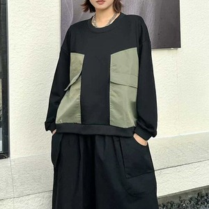 CONTRAST STITCH POCKET ROUND NECK SWEAT SHIRT 2colors M-15403