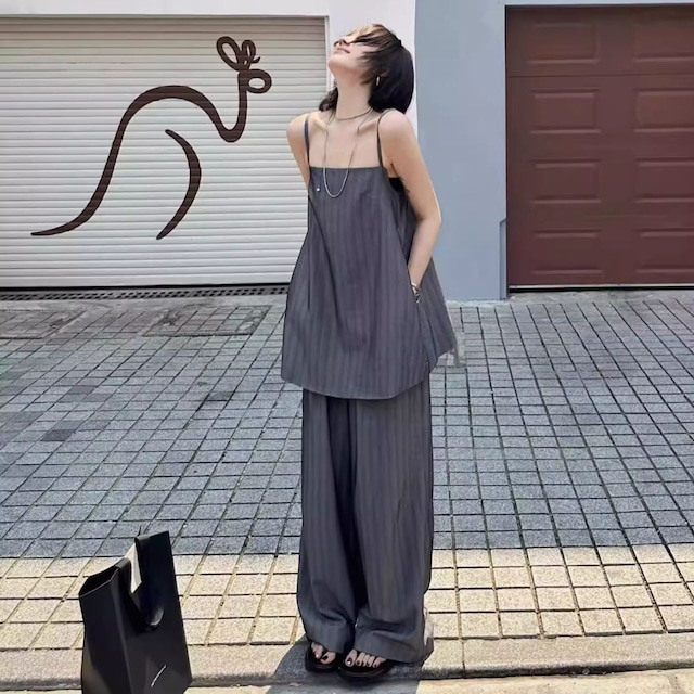グレー ストライプ　キャミ＋ワイドパンツ　セット〈１カラー サイズS-XL〉