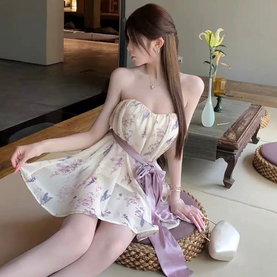 dress】リボンベルト付きフラワー柄ミニワンピース RH7012